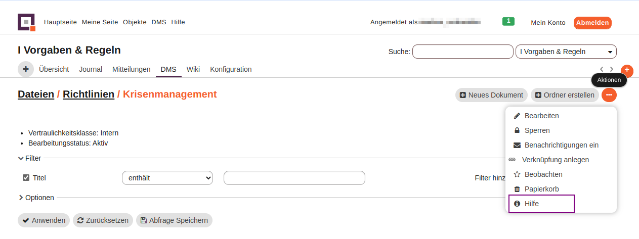 modul dms hilfe funktion