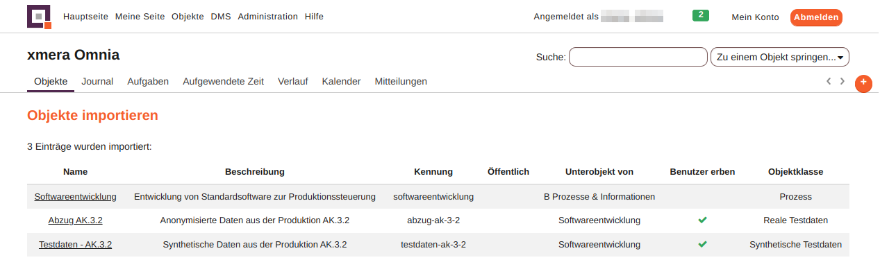 Liste neuer Objekte nach erfolgreichem Import