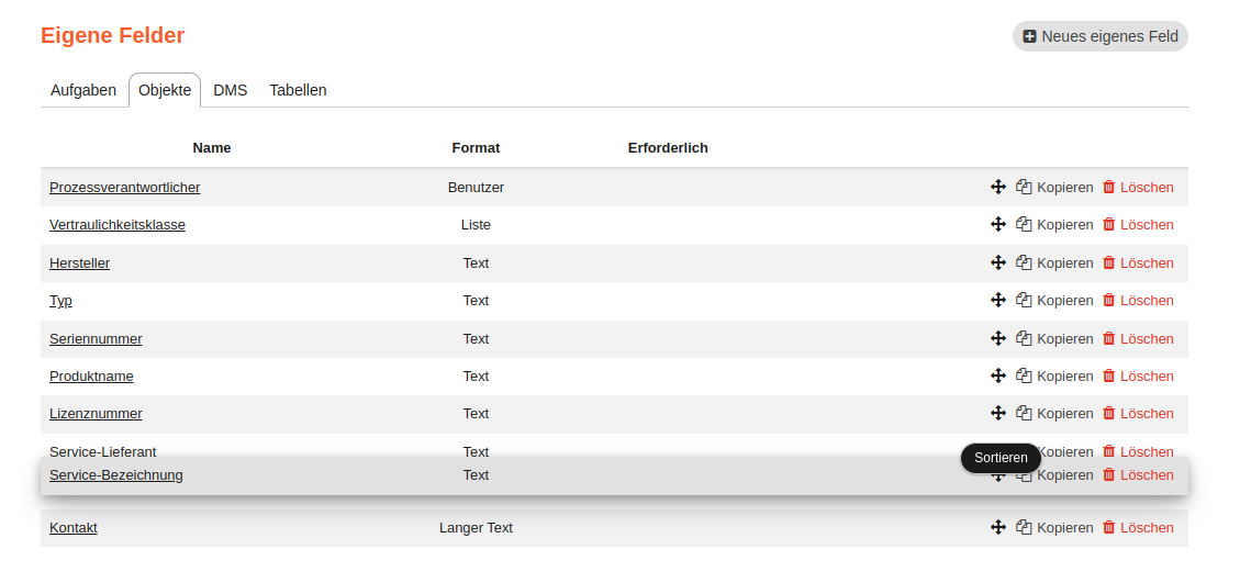 Reihenfolge Eigene Felder bearbeiten