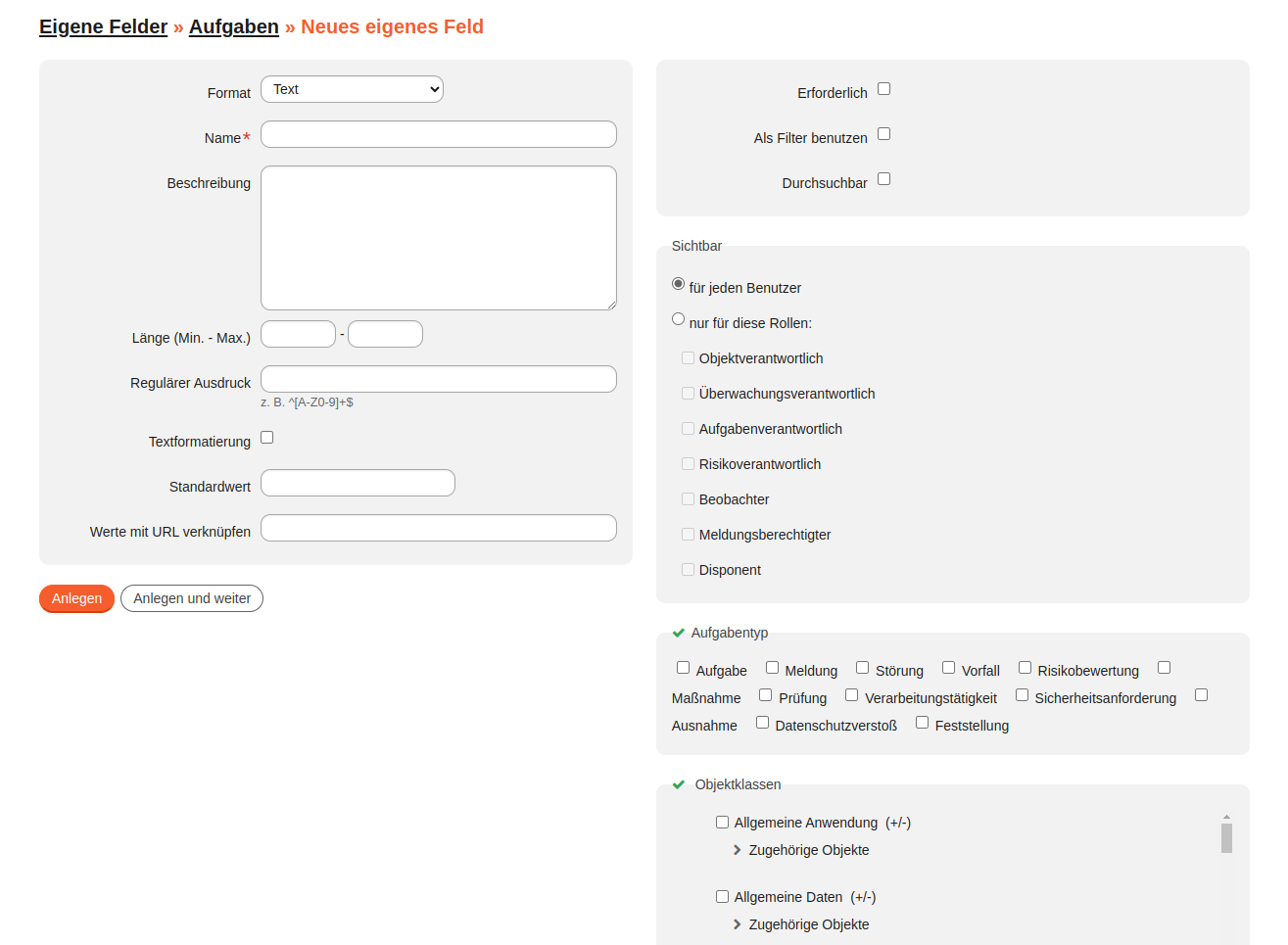 Neues Feld | Parametrieren