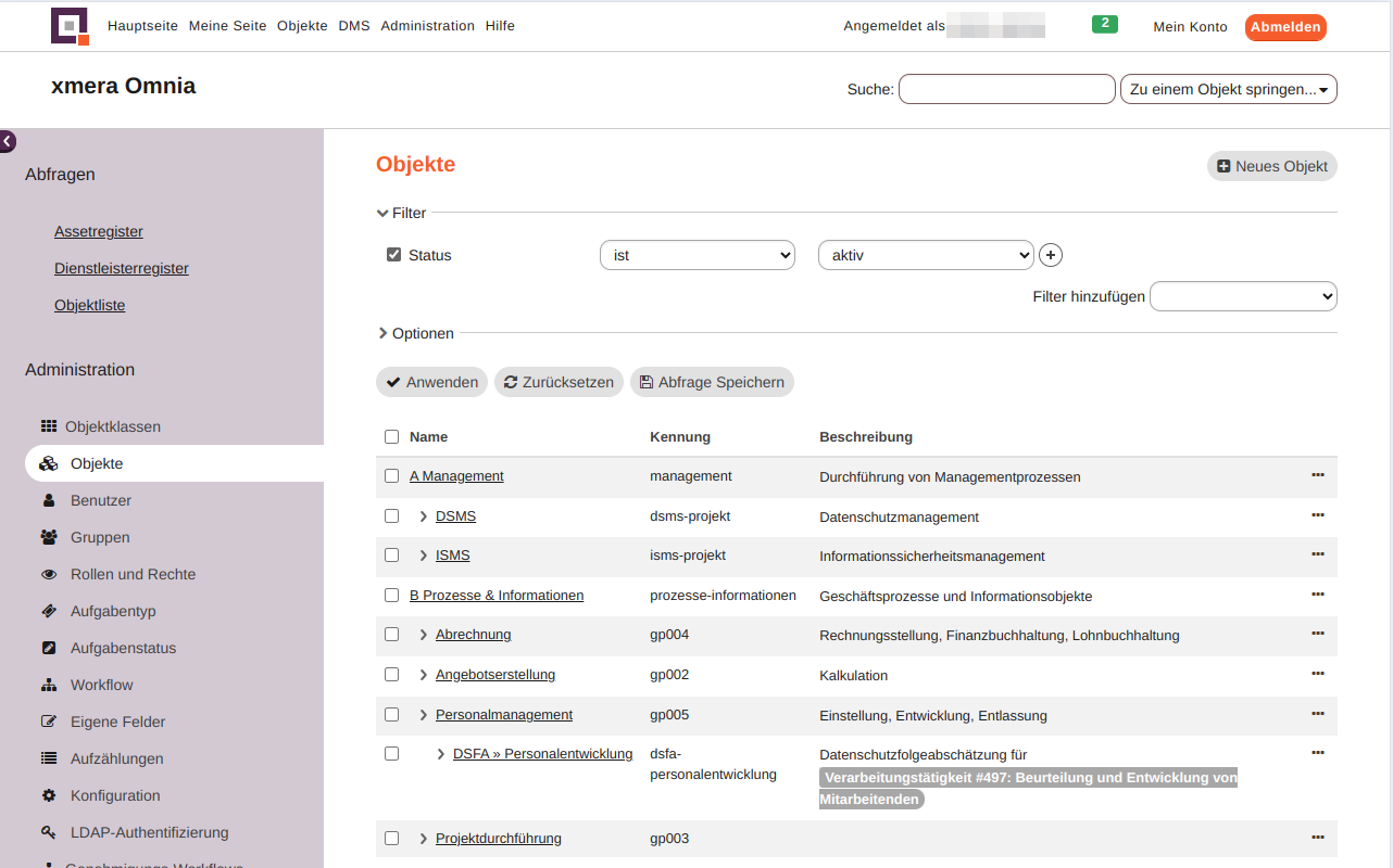 objekte liste aktive