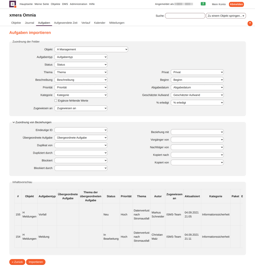 modul aufgaben import attributzuordnung