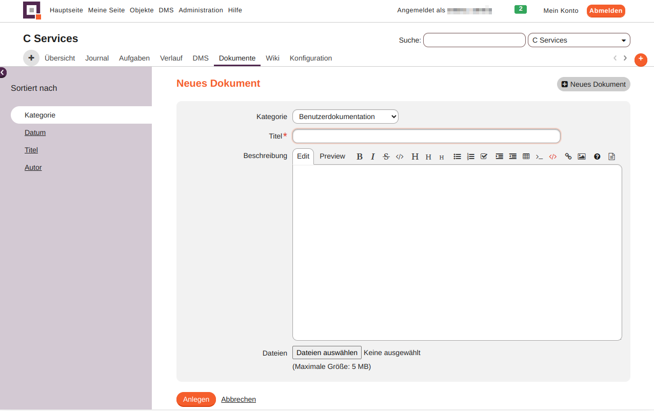 modul dokumente neues dokument
