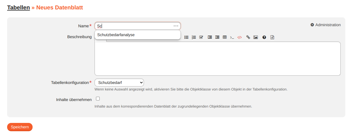 modul tabellen neues datenblatt
