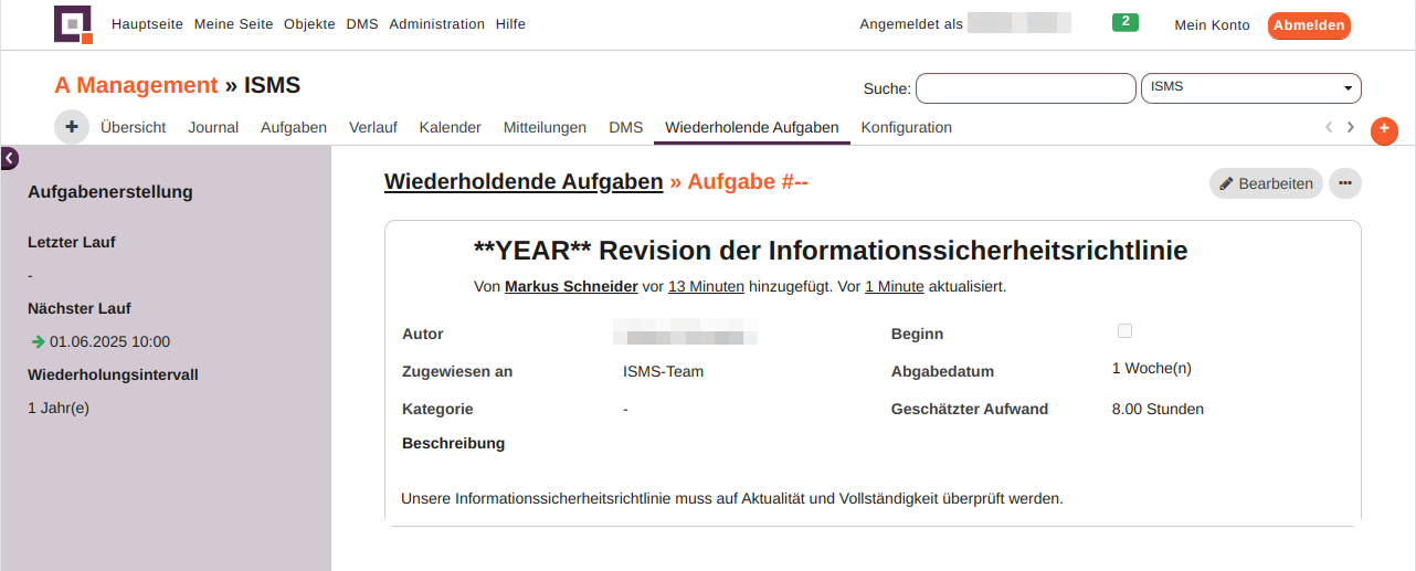 Wiederholende Aufgabe anzeigen