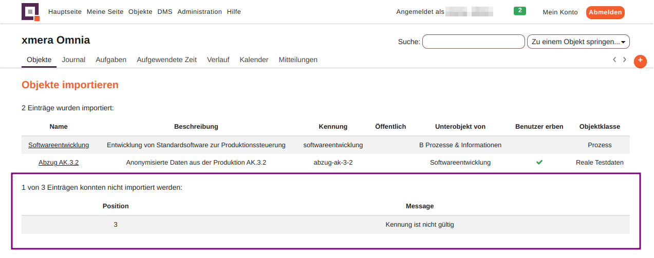 Liste neuer Objekte und Fehlermeldungen nach fehlerhaften Import