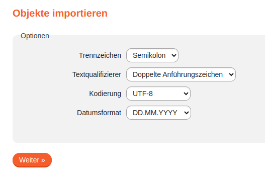 CSV Optionen für den Objektimport