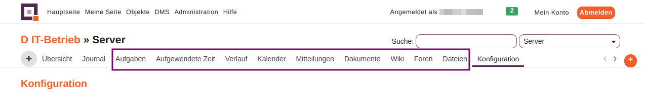Aktivierte Module in Menüleiste