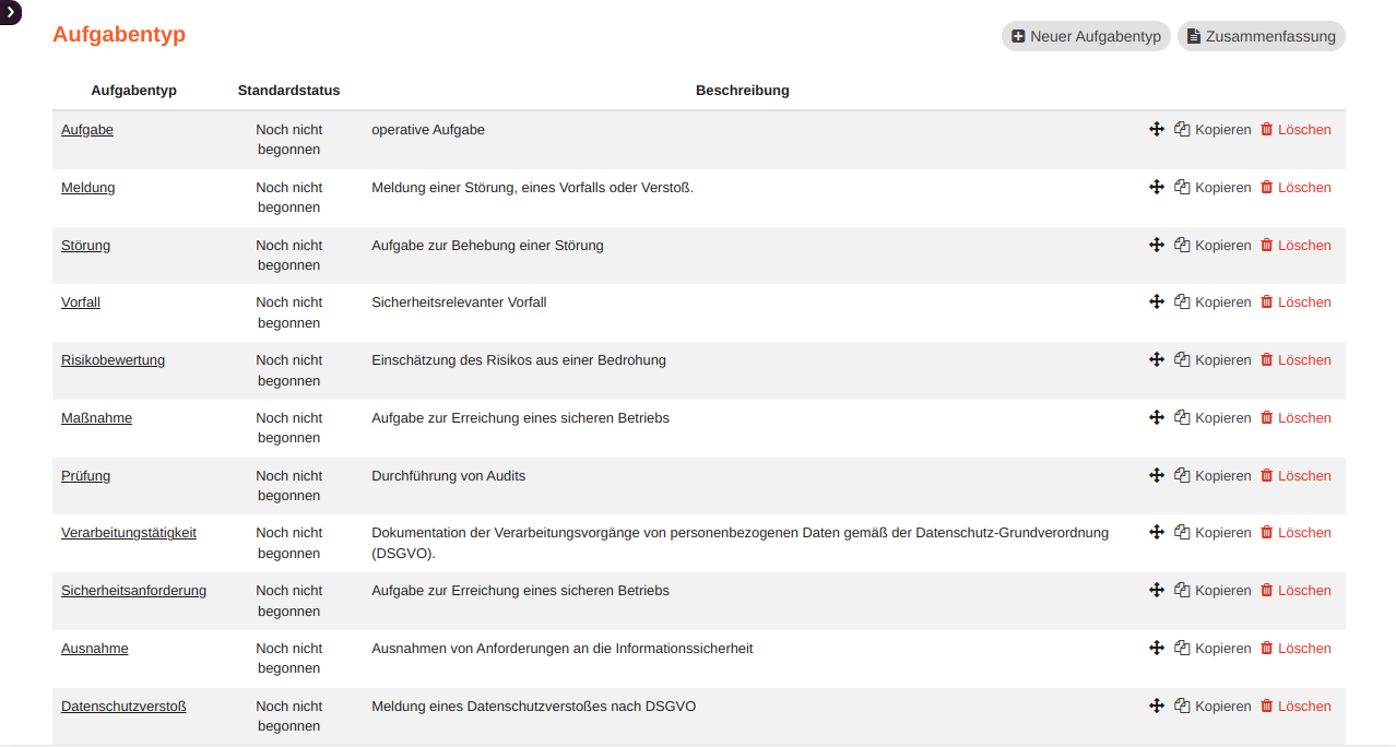Liste Aufgabentypen