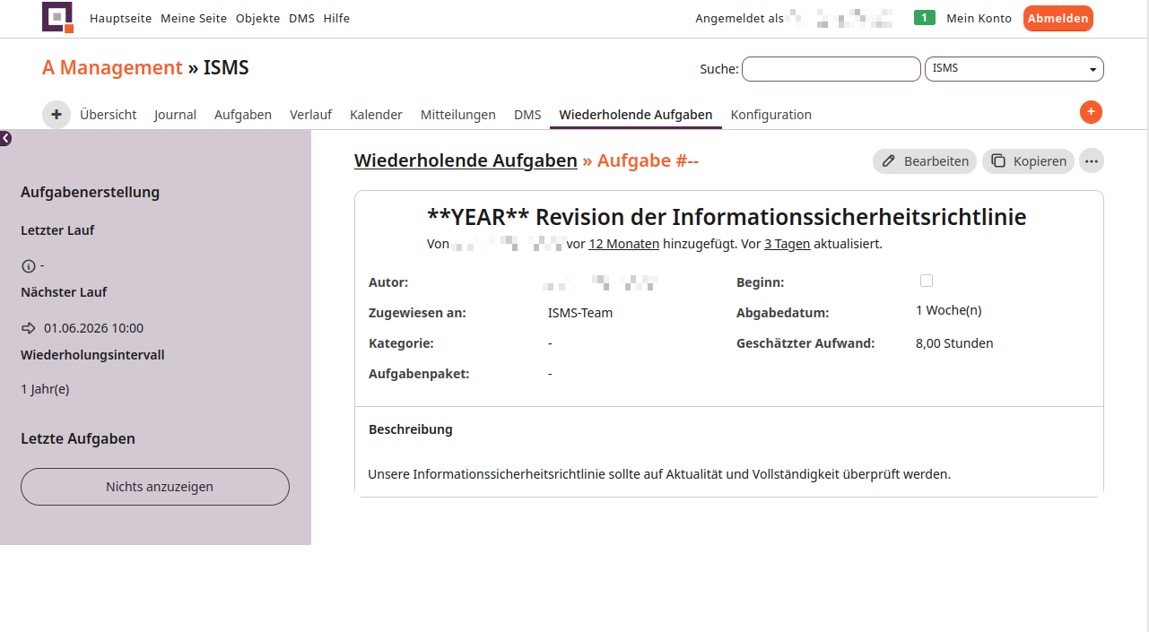 Wiederholende Aufgabe anzeigen